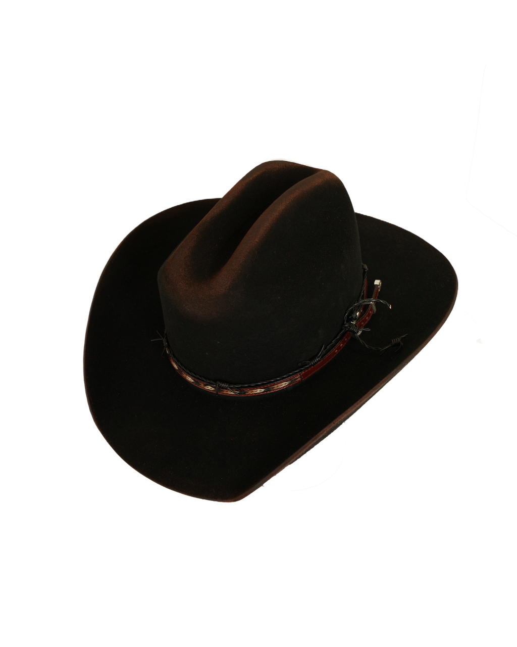 Three-quarter angled top view of a black Dallas Cattleman cowboy hat with a multicolor horsehair and leather hat band, silver buckle, a black barbed-wire style accent band, and heavy crown and brim burning.