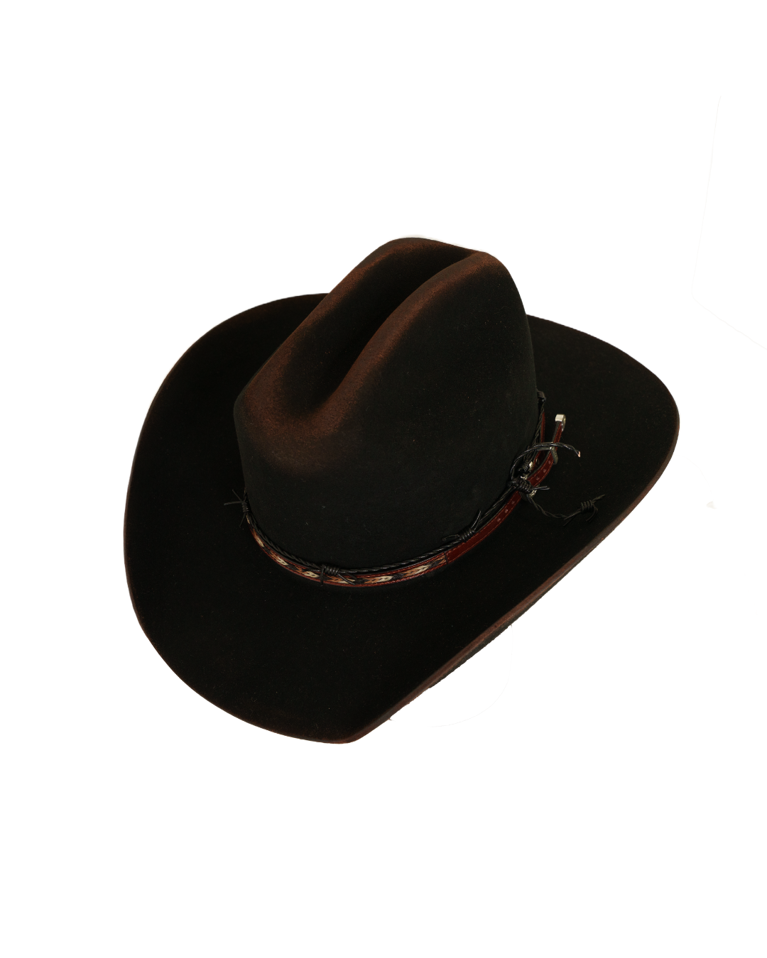 Three-quarter angled top view of a black Dallas Cattleman cowboy hat with a multicolor horsehair and leather hat band, silver buckle, a black barbed-wire style accent band, and heavy crown and brim burning.