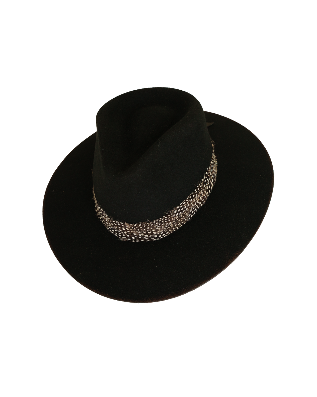 Three-quarter angled top view of a black teardrop crown fedora with a speckled black and white feather hat band and burnt brim edge
