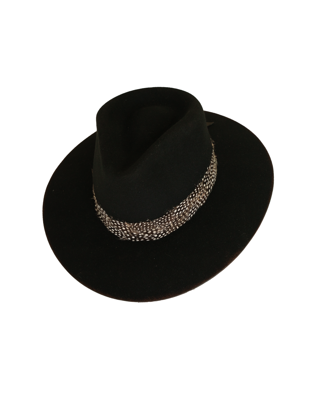 Three-quarter angled top view of a black teardrop crown fedora with a speckled black and white feather hat band and burnt brim edge
