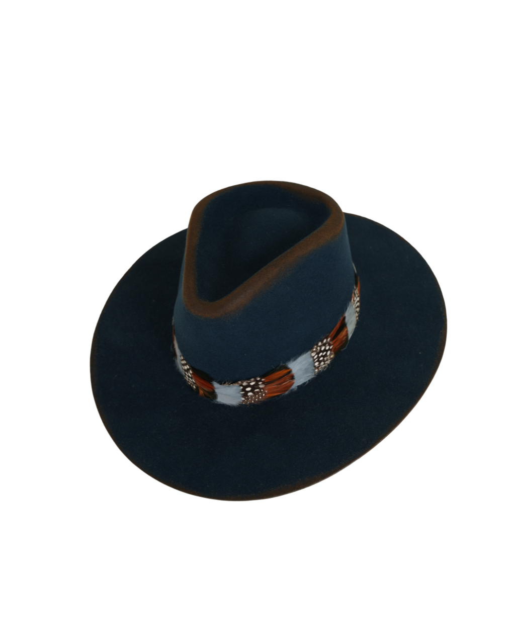 Three-quarter angled top view of a navy wide-brim fedora with a teardrop crown, multicolor feather hat band in rust, white, and speckled tones.