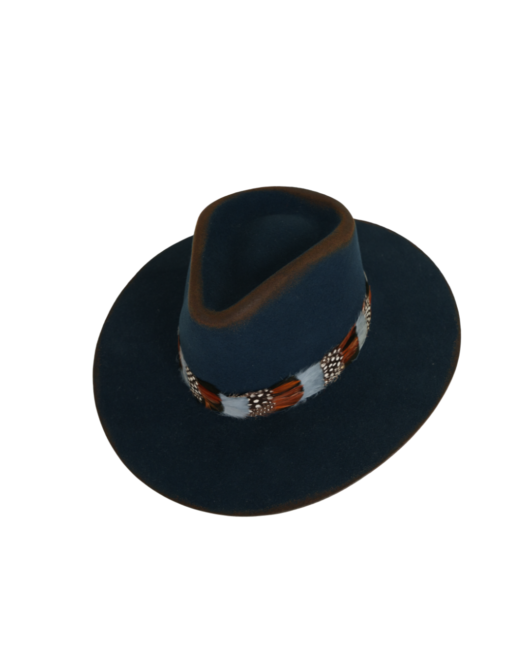 Three-quarter angled top view of a navy wide-brim fedora with a teardrop crown, multicolor feather hat band in rust, white, and speckled tones.