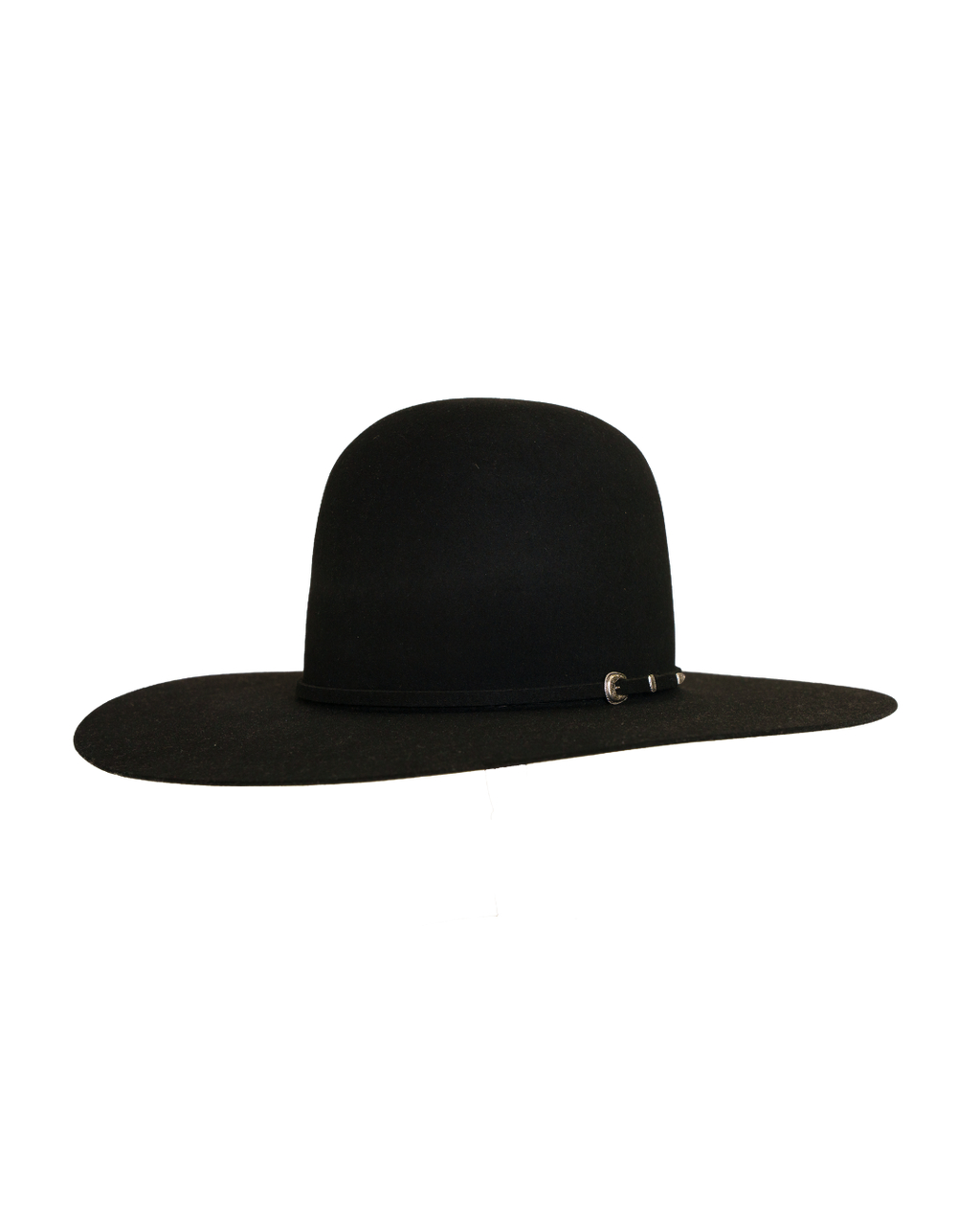 open crown black hat, three-quarter front view
