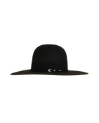 open crown black hat, side profile view
