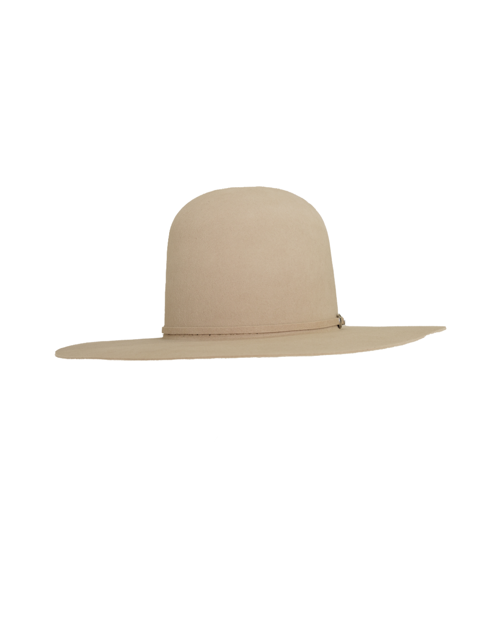 open crown buckskin hat, three-quarter front view