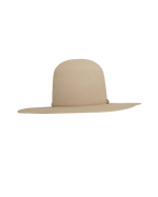open crown buckskin hat, three-quarter front view