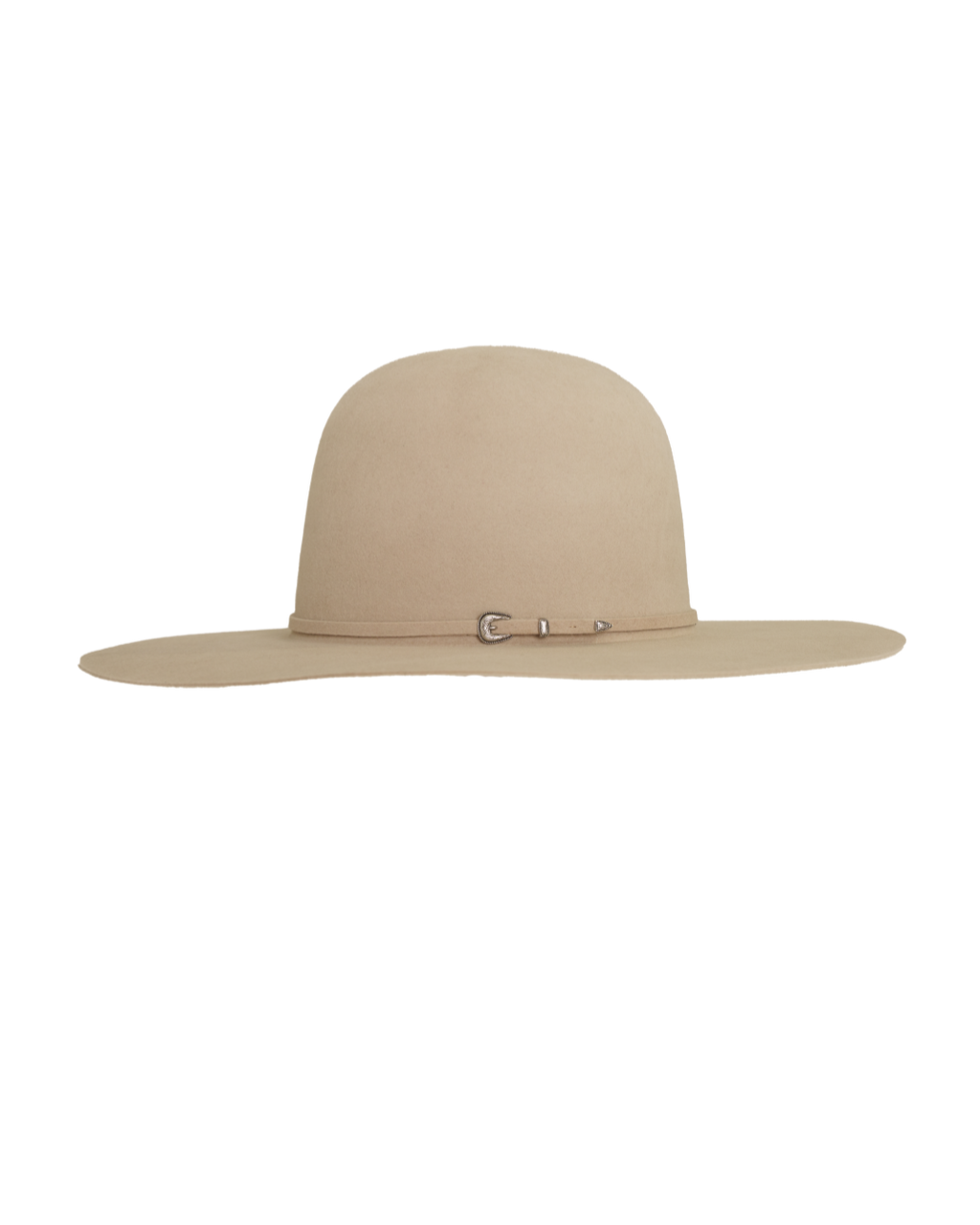 open crown buckskin hat, side profile view