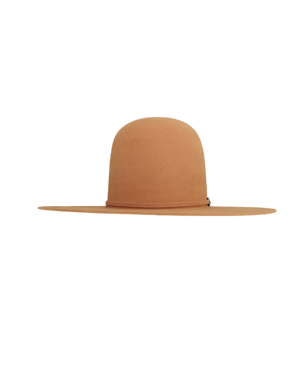 open crown camel hat, three-quarter front view