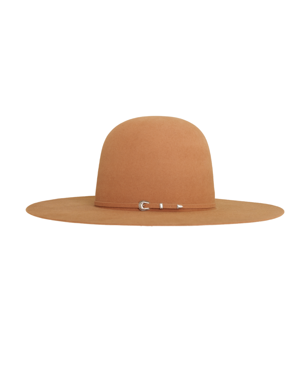 open crown camel hat, side profile view