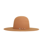 open crown camel hat, side profile view
