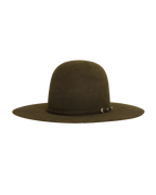 open crown moss hat, three-quarter front view