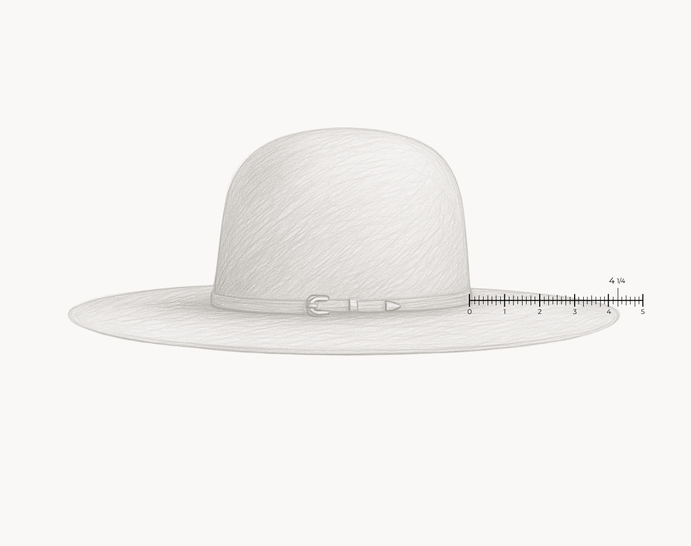 A sketched illustration of a open crown  hat with a ruler showing the length of the brim being 4 1/4" that can be trimmed down and customized