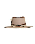 back view of a light tan wide-brim felt fedora with a hand-burned crown edge and layered feather hat band with quartz stones