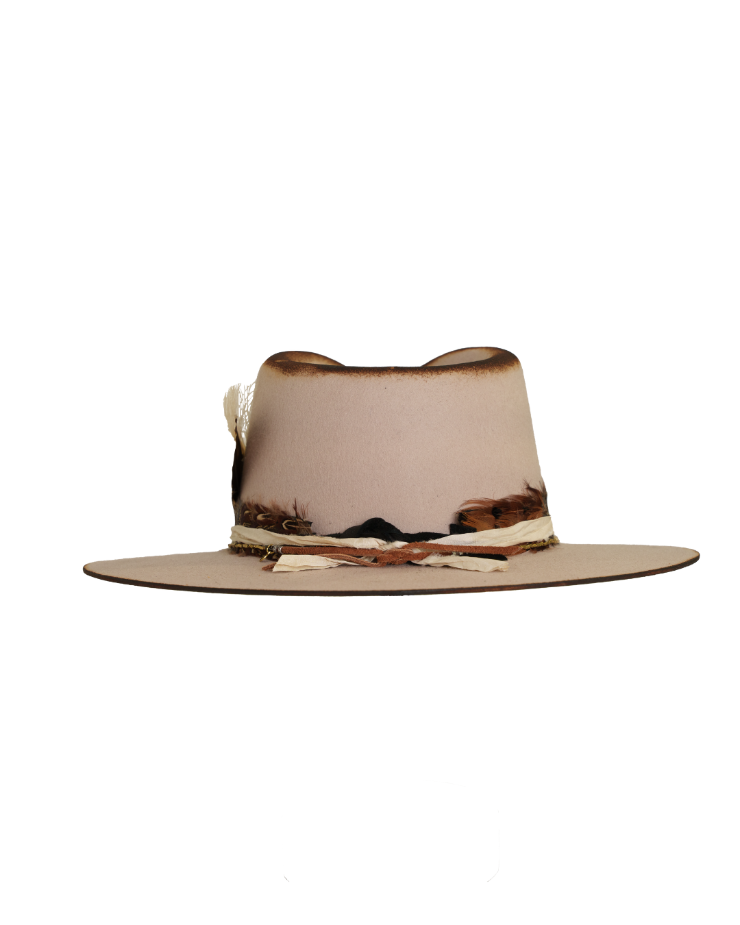back view of a light tan wide-brim felt fedora with a hand-burned crown edge and layered feather hat band with quartz stones