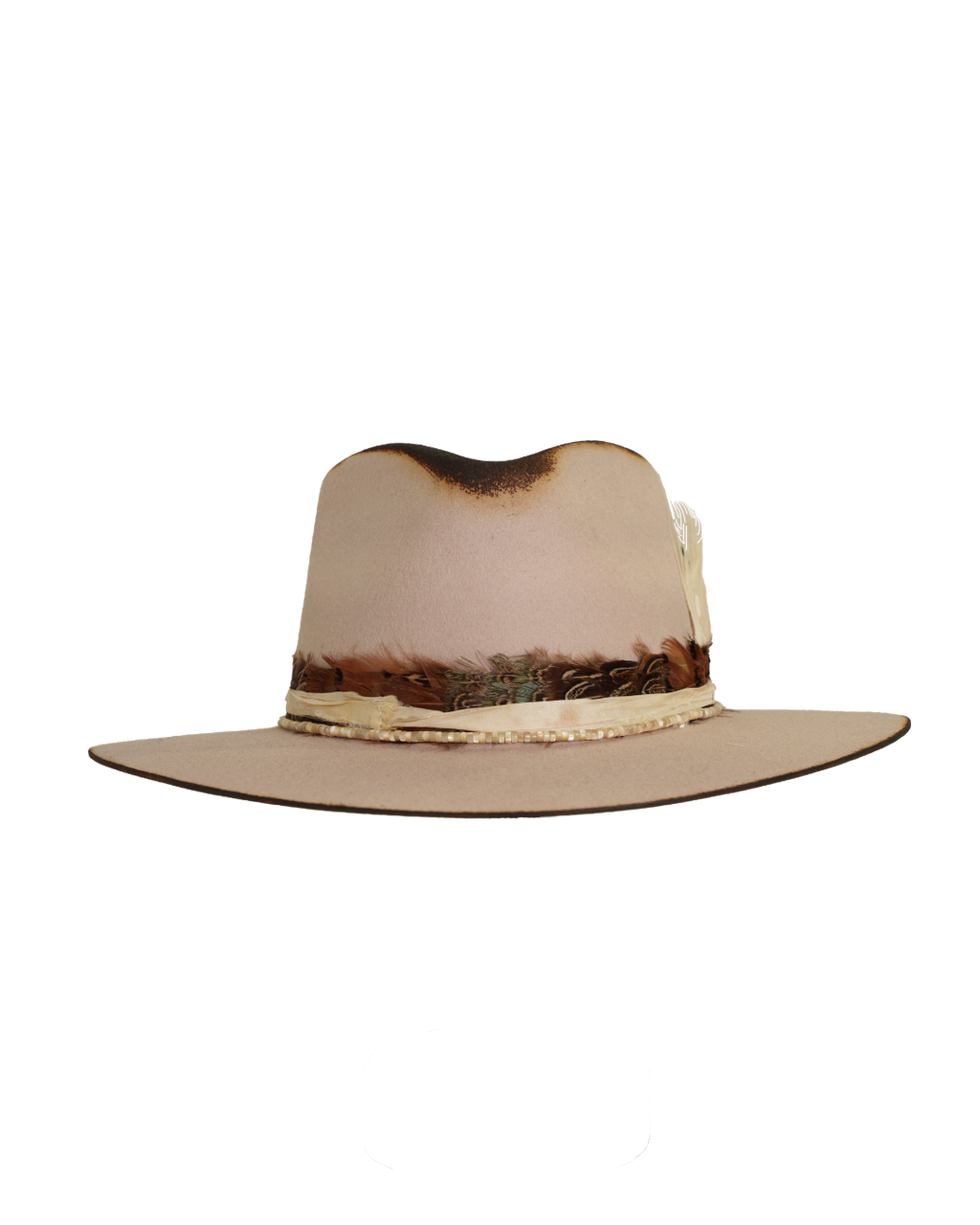 front view of a light tan wide-brim felt fedora with a hand-burned crown edge and layered feather hat band with quartz stones