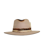 front view of a light tan wide-brim felt fedora with a hand-burned crown edge and layered feather hat band with quartz stones