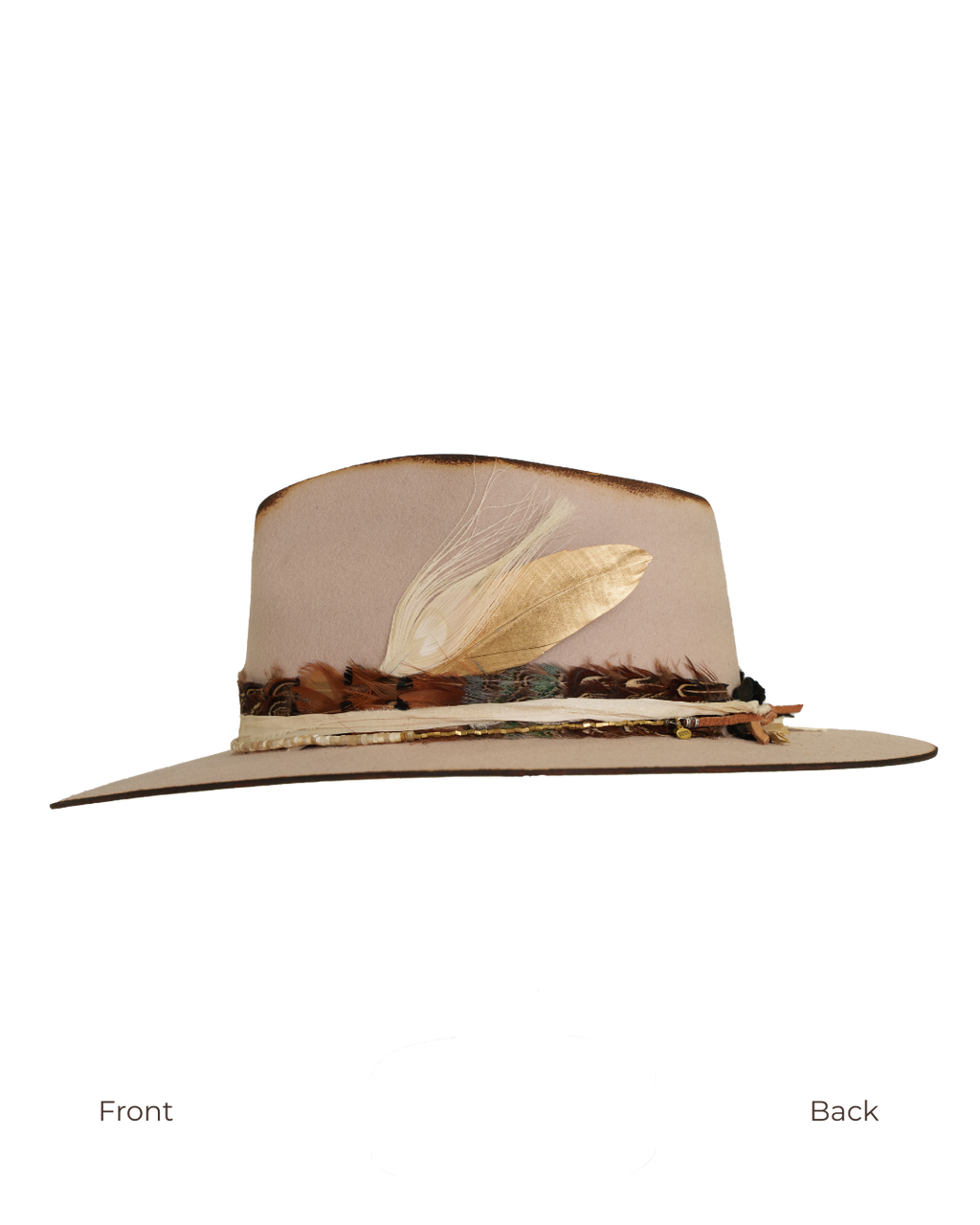side profile view of a light tan wide-brim felt fedora with a hand-burned crown edge and layered feather hat band with quartz stones