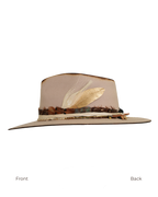 side profile view of a light tan wide-brim felt fedora with a hand-burned crown edge and layered feather hat band with quartz stones