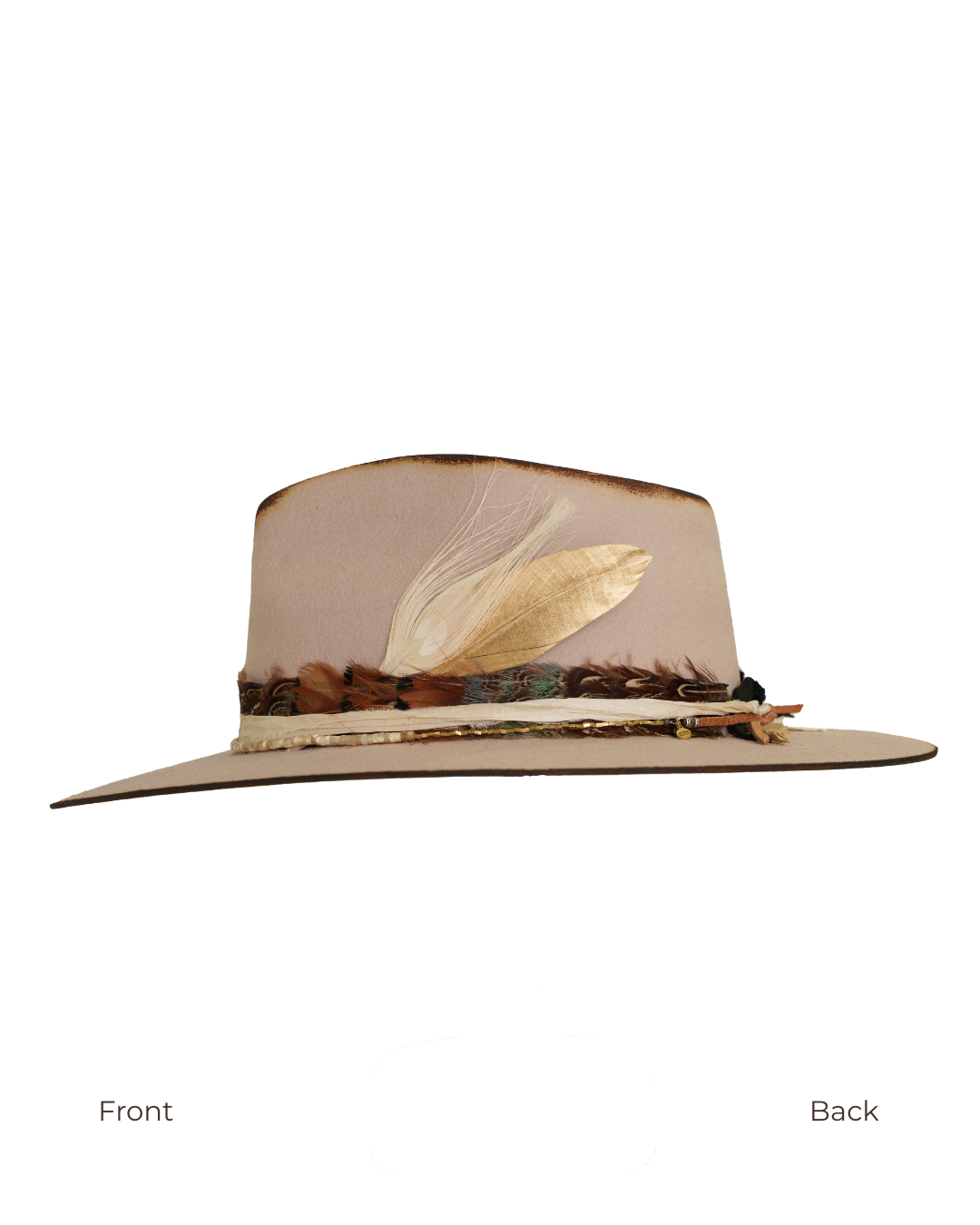 side profile view of a light tan wide-brim felt fedora with a hand-burned crown edge and layered feather hat band with quartz stones