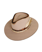 top angled view of a light tan wide-brim felt fedora with a hand-burned crown edge and layered feather hat band with quartz stones