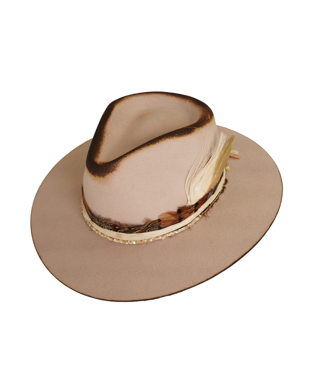 top angled view of a light tan wide-brim felt fedora with a hand-burned crown edge and layered feather hat band with quartz stones