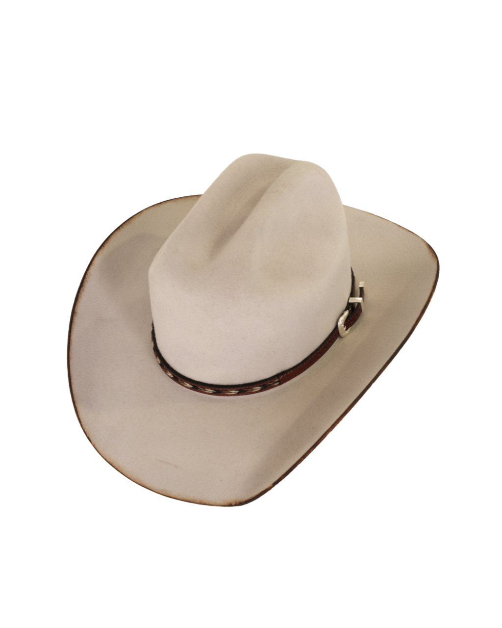 Three-quarter angled top view of a silverbelly Dallas Cattleman cowboy hat with a multicolor horsehair and leather hat band, silver buckle, and lightly burned brim edge.