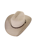 Three-quarter angled top view of a silverbelly Dallas Cattleman cowboy hat with a multicolor horsehair and leather hat band, silver buckle, and lightly burned brim edge.