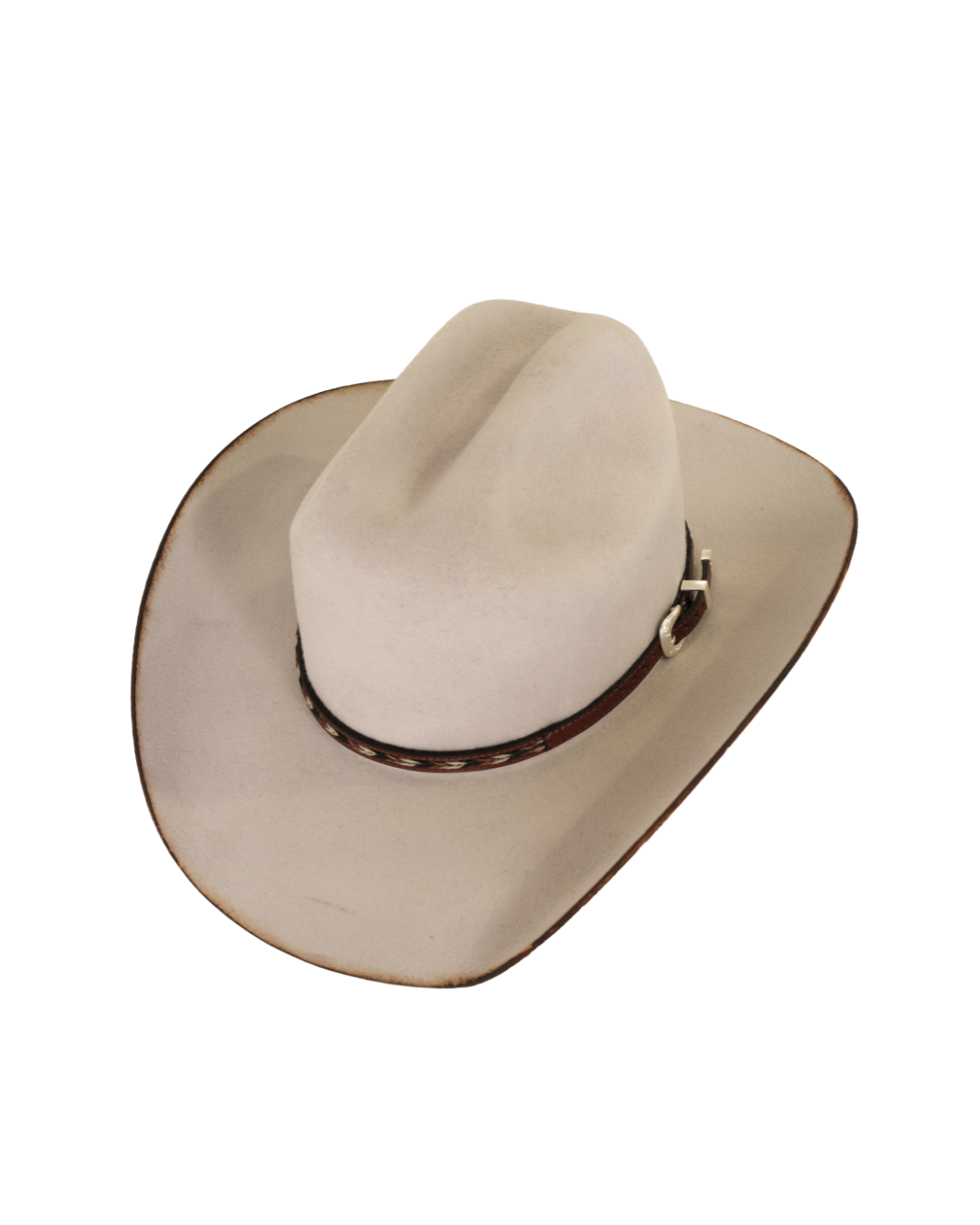 Three-quarter angled top view of a silverbelly Dallas Cattleman cowboy hat with a multicolor horsehair and leather hat band, silver buckle, and lightly burned brim edge.
