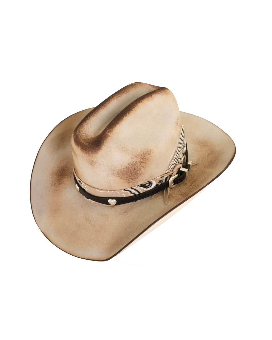 Top angled view of a tan distressed cattleman-style cowboy hat with a dark leather hat band, tan bandana,  and silver concho details