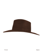 Brown teardrop fedora hat, side view, front to back