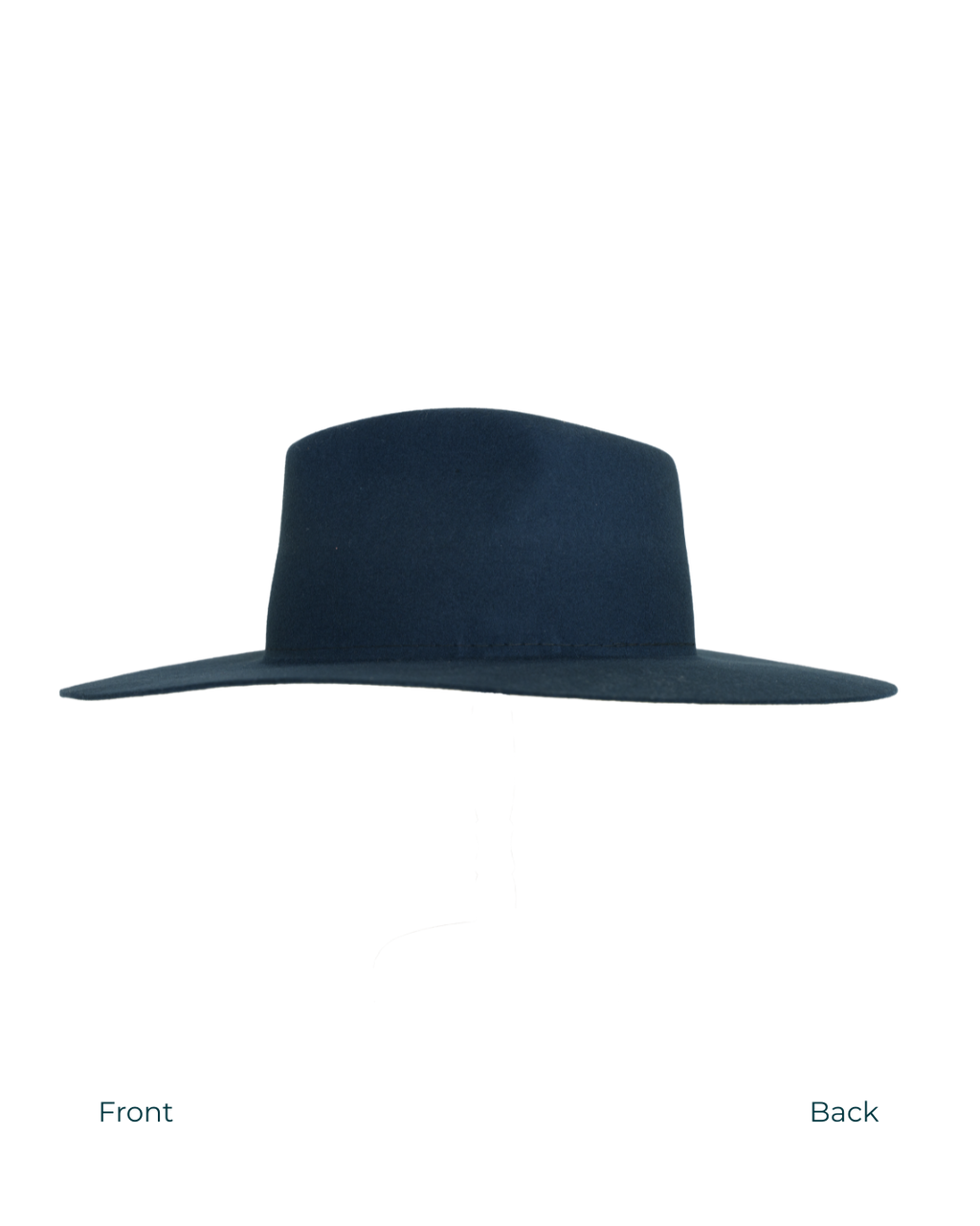 Navy teardrop fedora hat, side view, front to back