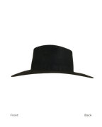 Black teardrop fedora hat, side view, front to back