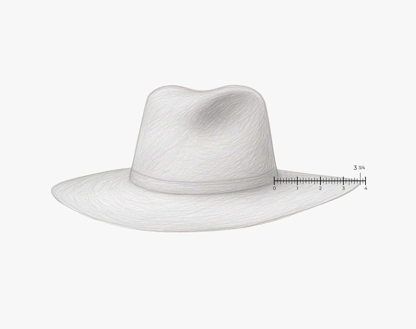 A sketched illustration of a wool fedora with a ruler showing the length of the brim being 3 ¾" that can be trimmed down and customized